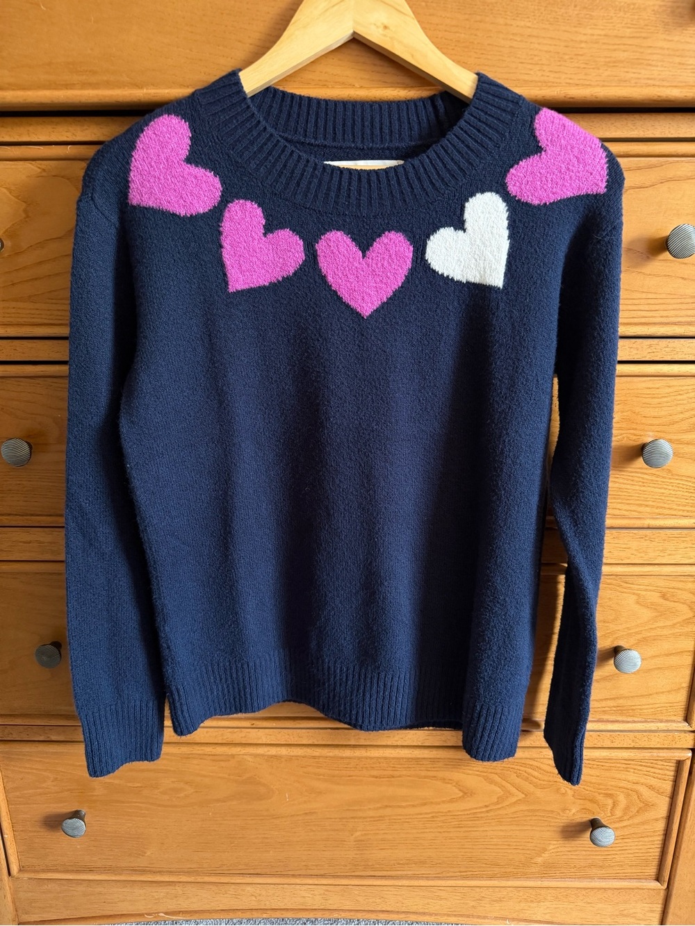 LOFT Navy Blue Pink White Heart Trim Crewneck Sweater Size Small Cotton Blend